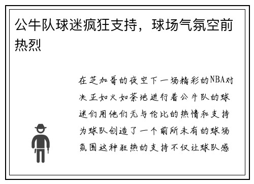 公牛队球迷疯狂支持，球场气氛空前热烈
